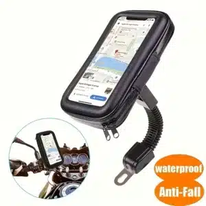 support téléphone moto étanche noir fixé au guidon sous la pluie