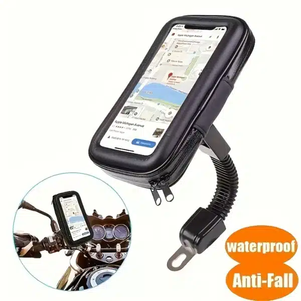 support téléphone moto étanche noir fixé au guidon sous la pluie