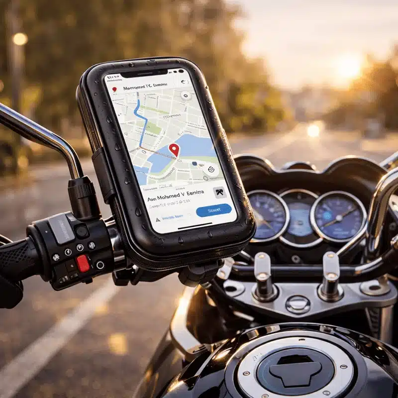support-telephone-moto-etanche-avec-housse-tactile Support téléphone moto étanche fixé sur le guidon avec GPS affiché sur l’écran