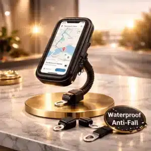 Support téléphone moto étanche fixé sur le guidon avec GPS affiché sur l’écran