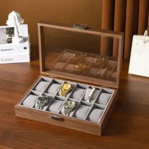 Boîte de rangement montres bois 12 compartiments avec coussins velours et couvercle transparent