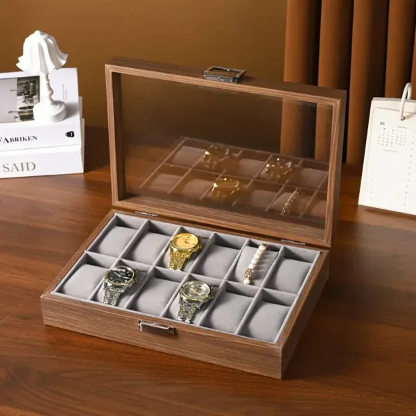 Boîte de rangement montres bois 12 compartiments avec coussins velours et couvercle transparent