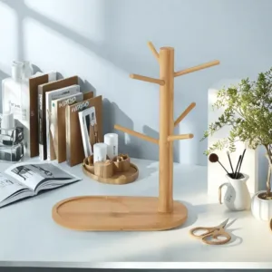 Support arbre porte-tasses en bois bambou avec 6 crochets et plateau