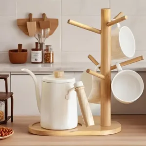 Support arbre porte-tasses en bois bambou avec 6 crochets et plateau