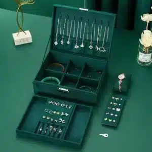 Boîte à bijoux en velours vert pour femme avec compartiments, tiroir et fermeture à clé – élégance et organisation