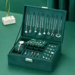 Boîte à bijoux en velours vert pour femme avec compartiments, tiroir et fermeture à clé – élégance et organisation
