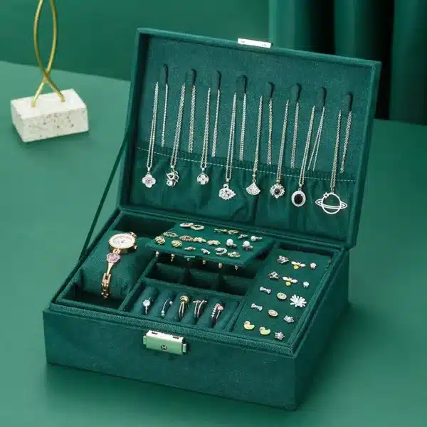 Boîte à bijoux en velours vert pour femme avec compartiments, tiroir et fermeture à clé – élégance et organisation
