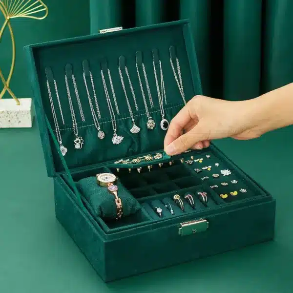 Boîte à bijoux en velours vert pour femme avec compartiments, tiroir et fermeture à clé – élégance et organisation