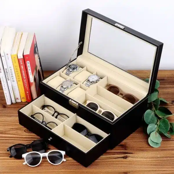 Boîte de rangement pour montres et lunettes avec miroir intégré – vide
