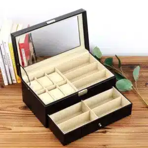 Boîte de rangement pour montres et lunettes avec miroir intégré – vide