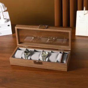 Boîte de rangement montres en bois avec 6 compartiments et couvercle transparent