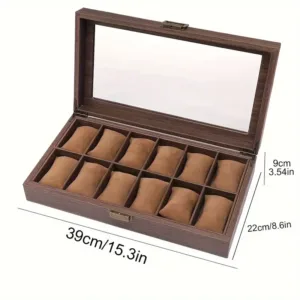 Boîte de rangement montres bois 12 compartiments avec coussins velours et couvercle transparent