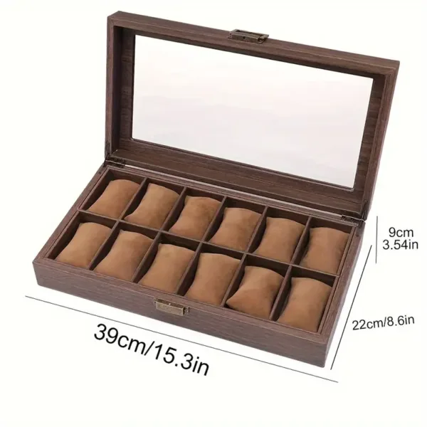 Boîte de rangement montres bois 12 compartiments avec coussins velours et couvercle transparent