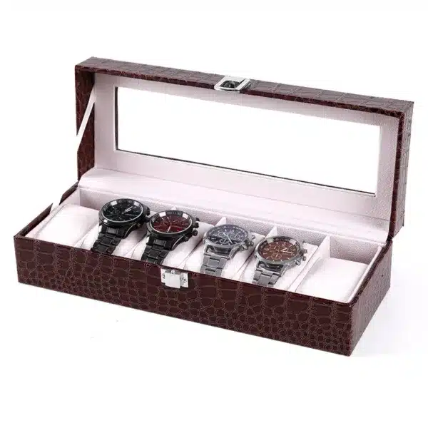 Boîte rangement 6 montres en simili cuir motif crocodile avec vitrine transparente