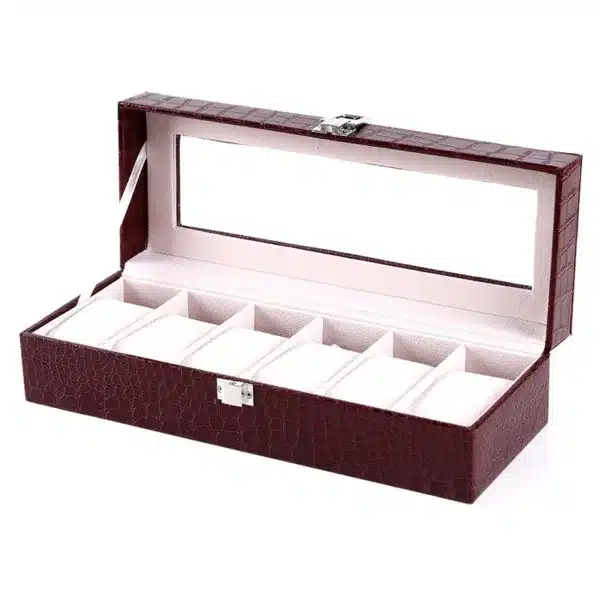 Boîte rangement 6 montres en simili cuir motif crocodile avec vitrine transparente