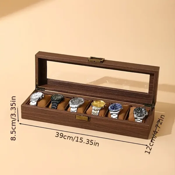 Boîte de rangement pour montres en bois avec 6 compartiments et couvercle transparent