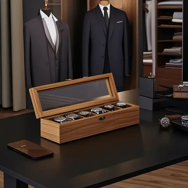 Boîte de rangement pour montres en bois avec 6 compartiments et couvercle transparent