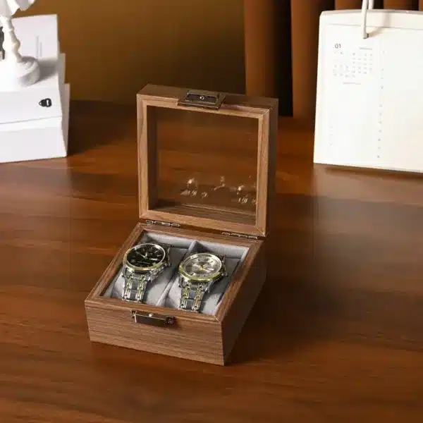 Boîte rangement montre bois 2 emplacements avec couvercle en verre transparent