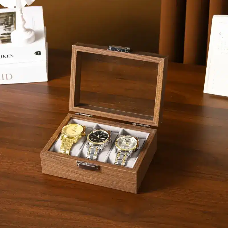 boite-rangement-montres-en-bois-3-compartiments Boîte rangement montre bois 3 emplacements avec couvercle en verre transparent