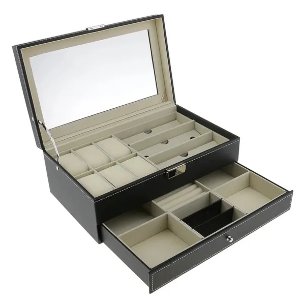 Boîte rangement montre et bijoux double niveau en cuir noir avec miroir intégré