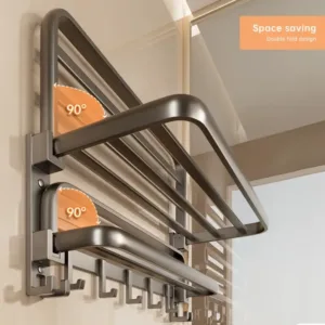 Étagère murale pliable porte-serviettes en aluminium gun ash avec crochets pour salle de bain