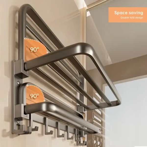 Étagère murale pliable porte-serviettes en aluminium gun ash avec crochets pour salle de bain