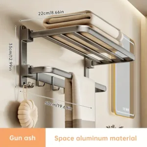 Étagère murale pliable porte-serviettes en aluminium gun ash avec crochets pour salle de bain