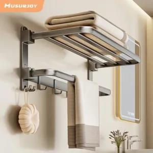 Étagère murale pliable porte-serviettes en aluminium gun ash avec crochets pour salle de bain