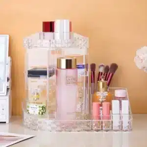organisateur maquillage rotatif 360 transparent avec compartiments pour produits de beauté et pinceaux