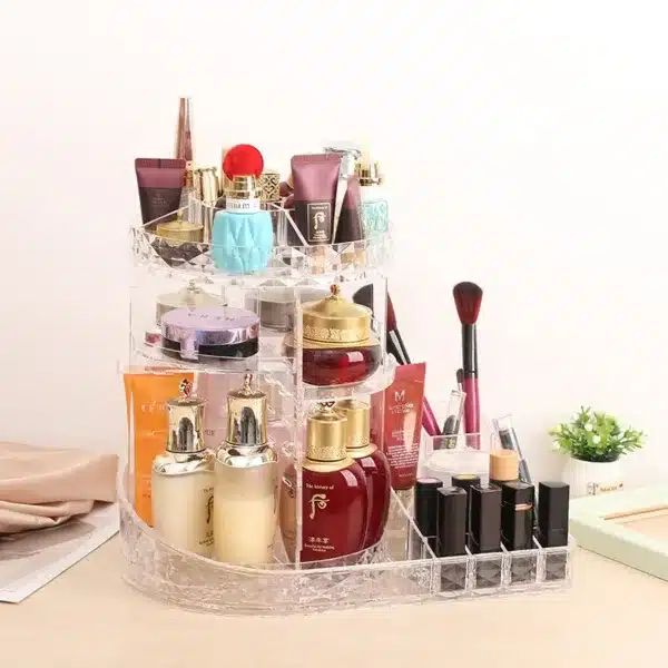 organisateur maquillage rotatif 360 transparent avec compartiments pour produits de beauté et pinceaux
