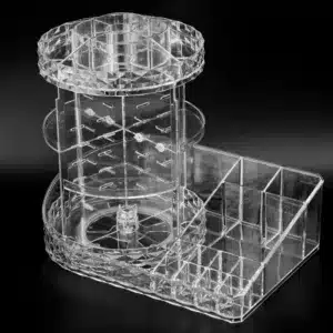 organisateur maquillage rotatif 360 transparent avec compartiments pour produits de beauté et pinceaux