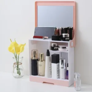 Organiseur maquillage avec miroir intégré et tiroir - rangement cosmétique pratique