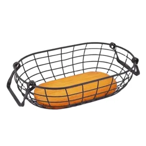 Panier de rangement en métal noir avec fond bois ovale