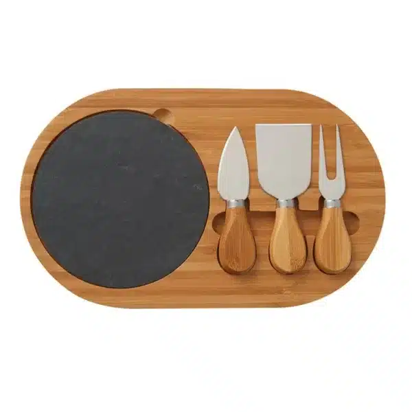 Planche à fromage en bambou avec ardoise ronde et set de couteaux à fromage