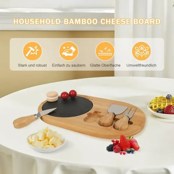 Planche à fromage en bambou avec ardoise ronde et set de couteaux à fromage