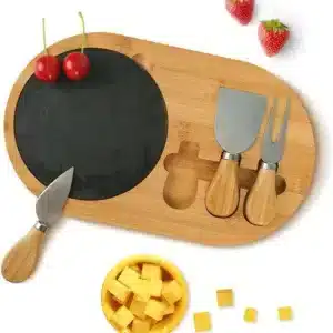 Planche à fromage en bambou avec ardoise ronde et set de couteaux à fromage