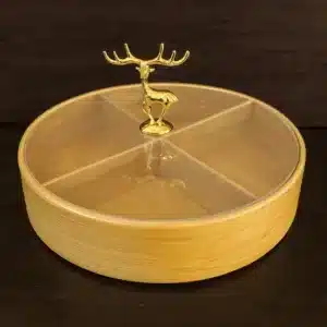 Plateau de rangement rond en bambou avec couvercle transparent et poignée dorée en forme de cerf – 4 compartiments décoratifs