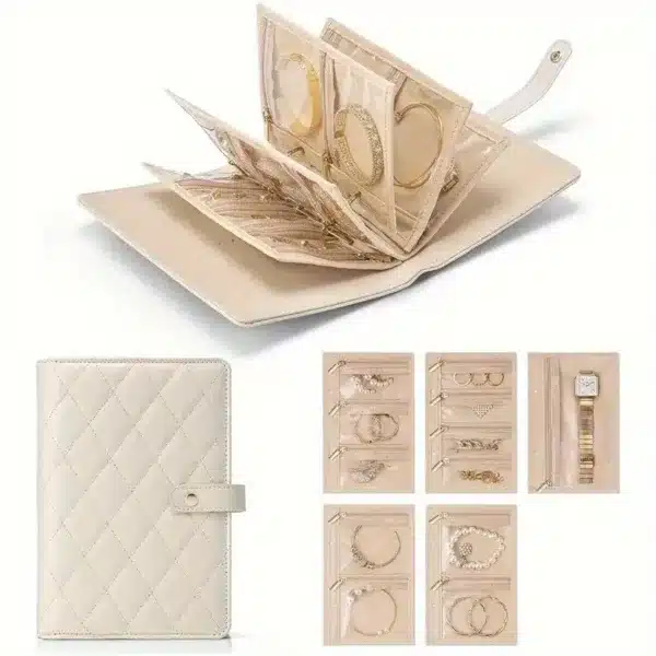 Pochette de rangement bijoux de voyage élégante couleur beige avec compartiments zippés – boutique à Casablanca