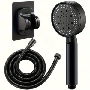 Pommeau de douche haute pression avec tuyau flexible noir et support mural