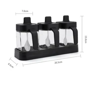 Set de pots à épices avec cuillères et support en verre noir