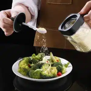 Set de pots à épices avec cuillères et support en verre noir