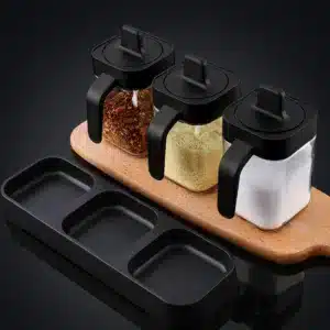 Set de pots à épices avec cuillères et support en verre noir