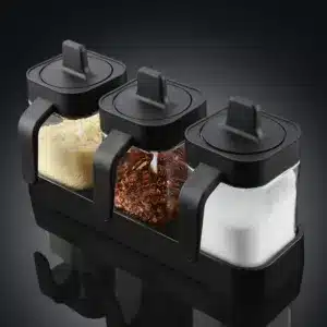 Set de pots à épices avec cuillères et support en verre noir