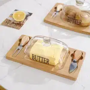 Beurrier en bois avec couvercle transparent et couteaux pour beurre et fromage