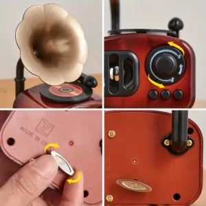 Boîte à musique style phonographe vintage avec pavillon doré