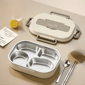 Boîte lunch box compartimentée inox avec couvercle beige