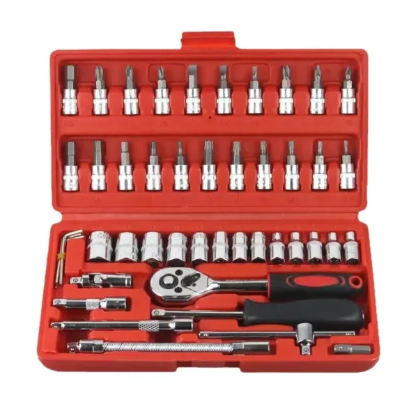 Coffret cliquet 46 pièces gros plan – embouts et douilles en acier Cr-V dans boîte rouge