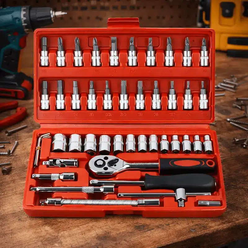 coffret-cliquet-et-douilles-46-piece Coffret cliquet et douilles 46 pièces en mallette rouge ouvert sur un établi de bricolage