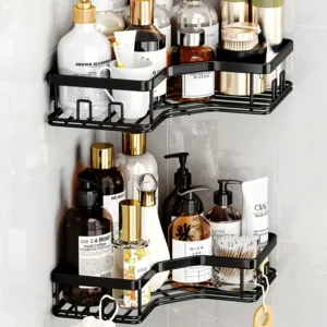 Étagère d’angle murale de douche en métal noir avec produits de bain
