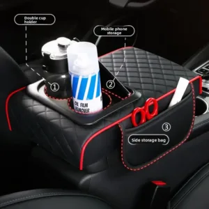 Organisateur de voiture en cuir avec porte-gobelets et poche latérale